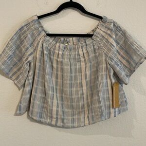 Andree By Unit Women’s Cropped Off Shoulder Top Large Blue Cream Chambray Cotton